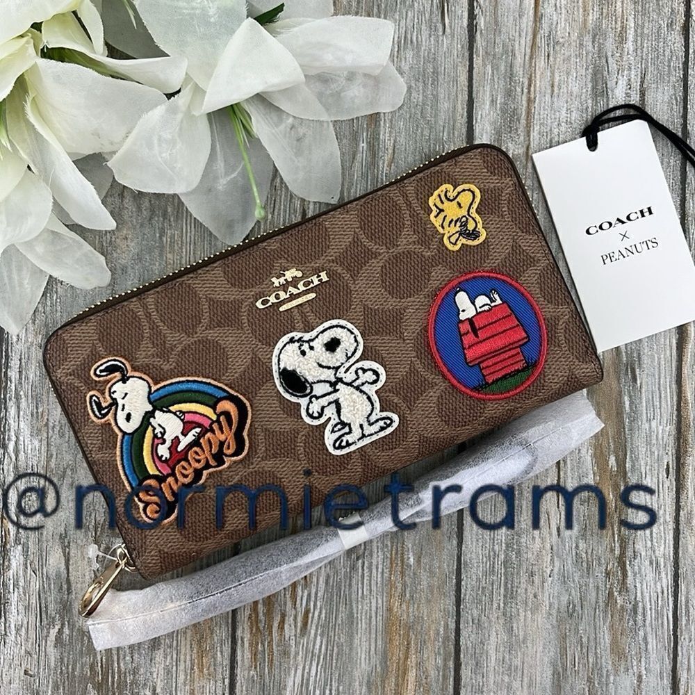 Coach X Peanuts Long Zip Around Wallet In Signature Canvas With Patches Purse